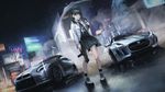  black_hair car ground_vehicle gun hair_over_shoulder highres holding holding_gun holding_weapon jaguar_(car) jaguar_f-type koh_(minagi_kou) long_hair long_sleeves md5_mismatch motor_vehicle night nissan nissan_gt-r original rain school_uniform serafuku shibuya_(tokyo) sig_sauer sig_sauer_mpx sign solo submachine_gun tokyo_(city) twintails umbrella weapon 