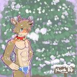  anthro antlers athletic bell briefs bulge cervine clothed clothing collar digital_media_(artwork) english_text half-dressed hands_on_hips horn male mammal pecs reindeer rudolph_the_red_nosed_reindeer sign snow solo text topless underwear whiteleo 