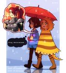  1girl 2others :d androgynous armor artist_name black_footwear blonde_hair boots brown_hair closed_eyes dav-19 english eyepatch frisk_(undertale) grin head_fins holding holding_umbrella humanization monster_kid_(undertale) multiple_others open_mouth poncho ponytail rain red_hair rubber_boots shared_umbrella sharp_teeth shirt short_hair shorts smile sparkle sparkling_eyes speech_bubble spoken_person striped striped_shirt tail talking tears teeth umbrella undertale undyne walking watermark web_address yellow_eyes yellow_footwear 