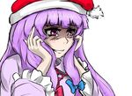  :d bangs blue_bow blunt_bangs blush bobblehat bow collar dress frilled_dress frilled_sleeves frills hair_bow hands_on_own_face hat jpeg_artifacts long_hair long_sleeves looking_to_the_side open_mouth pan-ooh parted_lips patchouli_knowledge purple_eyes purple_hair red_bow red_ribbon ribbon santa_hat simple_background smile solo tears teeth touhou upper_body white_background 