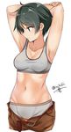  armpits arms_up black_eyes black_hair boyshorts bra breasts collarbone cropped_legs grey_bra grey_panties isshiki_(ffmania7) kantai_collection looking_away medium_breasts midriff mogami_(kantai_collection) navel open_fly panties short_hair shorts simple_background smile solo sports_bra stomach twitter_username underwear unzipped white_background 