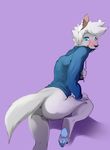  5_fingers anixis anthro backsack balls black_nose blue_eyes blush bottomless butt canine clothed clothing dog ear_piercing fur girly grey_fur hair half-dressed hi_res hoodie looking_back male mammal pawpads paws piercing simple_background solo standing white_hair 