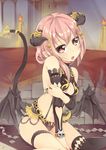  absurdres blush candlelight castle demon_girl fantasy highres horns kureha_(angelite) open_mouth original pink_eyes pink_hair pointy_ears solo succubus tail wings 