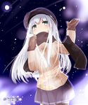  black_gloves black_scarf blue_eyes commentary_request cowboy_shot flat_cap gloves hat hibiki_(kantai_collection) kantai_collection long_hair long_scarf moon nijou_katame pleated_skirt scarf silver_eyes skirt snowing solo star_(sky) sweater thighhighs twitter_username white_hair 