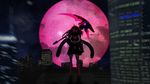  bad_deviantart_id bad_id boots bra breasts building_block city cityscape cloud dark fantasy frosthyde gakusen_toshi_asterisk glowing glowing_eyes highres irene_urzaiz long_hair medium_breasts moon night night_sky red_eyes red_hair red_moon scythe shadow skirt sky skyline smile solo star underwear vampire 