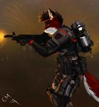  2014 anthro armor backpack brown_hair canine clenched_teeth clothed clothing digital_media_(artwork) ear_piercing facial_scar fangs fox fur green_eyes gun hair half-closed_eyes hi_res industrial_piercing inner_ear_fluff little-munster male mammal multicolored_fur outside piercing ranged_weapon red_fur scar side_view solo standing teeth two_tone_fur weapon white_fur 