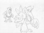  absurd_res anthro apron avian banjo-kazooie banjo_(banjo-kazooie) barefoot beak bear bent_over bird clothed clothing duo female front_view greyscale half-dressed hi_res kazooie male mammal mizzyam monochrome open_mouth pencil_(artwork) pendant plate shorts stare tenting topless traditional_media_(artwork) 