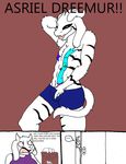  2015 absurd_res anthro asriel_dreemurr boss_monster breasts caprine clothed clothing comic dialogue english_text female fur goat hi_res horn long_ears looking_at_viewer male mammal monster mother nipples open_mouth parent piercing redgreenfluffball simple_background smile solo son text tongue toriel undertale video_games white_fur 