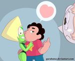  alien blonde_hair clothing female garabatoz gem gem_(species) green_skin group hair human humanoid mammal not_furry pearl_(steven_universe) peridot_(steven_universe) simple_background smile steven_quartz_universe steven_universe teeth white_skin 