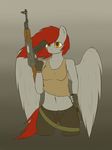  2014 absurd_res ak-47 anthro anthrofied assault_rifle breasts clothed clothing equine fan_character feathers female fur gloves grey_background grey_feathers grey_fur grey_skin gun hair hi_res long_hair mammal my_little_pony navel orange_eyes pants pegasus ranged_weapon red_fur red_hair rifle shirt simple_background soldier solo tank_top thermalcake thermie weapon wings 