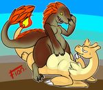 2015 anthro blue_eyes breasts charizard claws dinosaur dragon duo female fionthebunny fire fur male male/female navel nintendo open_mouth pok&eacute;mon raptor simple_background slightly_chubby tongue video_games wings 