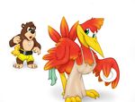  anthro apron avian banjo-kazooie banjo_(banjo-kazooie) barefoot beak bear bent_over bird clothed clothing digital_media_(artwork) duo erection erection_under_clothes female front_view half-dressed kazooie looking_back male mammal mizzyam naughty_face open_mouth pendant plate shorts stare tenting topless 