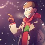  artist_name breath brown_gloves brown_hair coat gloves hand_in_pocket highres hood hoodie layered_clothing looking_at_viewer male_focus matsuno_osomatsu nyaph osomatsu-kun osomatsu-san pointing smile snowing solo upper_body 