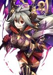  albino armor bangs boots breasts cape carrying_over_shoulder draph gloves granblue_fantasy grey_hair grin hair_between_eyes hakoniwa_tsuka highres holding holding_weapon horns large_breasts long_hair looking_at_viewer pleated_skirt red_eyes red_skirt sharp_teeth simple_background skirt smile solo teeth thalatha_(granblue_fantasy) thigh_boots thighhighs weapon white_background zettai_ryouiki 