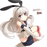  animal_ears arm_support bare_shoulders black_eyes buttons commentary_request crop_top elbow_gloves eyebrows_visible_through_hair fake_animal_ears gloves grey_eyes hairband highleg kantai_collection long_hair looking_at_viewer nijou_katame sailor_collar shadow shimakaze_(kantai_collection) silver_hair simple_background sitting skirt solo striped striped_legwear thigh_gap thighhighs translated twitter_username white_background white_gloves zettai_ryouiki 