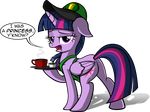 2015 alpha_channel apron beverage cape clothing coffee cup cutie_mark dialogue english_text equine female food friendship_is_magic hair horn mammal my_little_pony purple_hair simple_background solo steam text transparent_background twilight_sparkle_(mlp) veggie55 winged_unicorn wings 