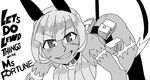  animal_humanoid blush bottomless breasts cat_humanoid clothed clothing collar cover dark_skin english_text feline female greyscale half-dressed humanoid magi mammal monochrome ms._fortune pouch scar skullgirls smile solo text 