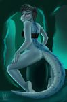  2015 anthro black_hair blue_scales bottomless breasts brown_eyes cave clothed clothing cool_colors crocodile digital_media_(artwork) erect_nipples female hair half-closed_eyes half-dressed hi_res little-munster looking_at_viewer looking_back nipples pussy reptile restricted_palette scales scalie scampi sitting skimpy smile solo spikes teeth watermark 