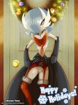  2015 alternate_color animal_humanoid anthro bedroom_eyes blue_hair breasts christmas clothed clothing digital_media_(artwork) door dress elbow_gloves eyelashes female gardevoir garter_belt gloves hair half-closed_eyes half-dressed hi_res holidays humanoid inside legwear looking_at_viewer mega_evolution mega_gardevoir mistletoe nintendo nipples plant pok&eacute;mon pussy red_eyes seductive smile solo standing video_games wall wastedtimeee white_skin wide_hips 