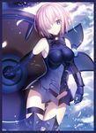  :o armor armored_dress ass_visible_through_thighs bare_shoulders black_border black_panties border expressionless fate/grand_order fate_(series) gauntlets hair_over_one_eye highres leg_garter mash_kyrielight panties parted_lips petals pink_hair shield shirako_miso short_hair skin_tight solo standing teeth thigh_gap underwear 