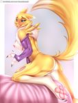  2015 anthro bed black_sclera blue_eyes blush breasts claws clothing digimon doomthewolf elbow_gloves female fur gloves half-closed_eyes hi_res horny inviting licking licking_lips looking_at_viewer nipples nude pussy renamon smile solo tongue tongue_out white_fur yellow_fur 