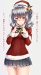  aran_sweater christmas grey_skirt hat kantai_collection kashima_(kantai_collection) keita_(tundereyuina) looking_at_viewer pleated_skirt santa_costume santa_hat skirt solo steepled_fingers sweater translated 