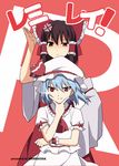  anger_vein blue_hair bow brooch brown_eyes brown_hair dress hair_bow hair_tubes hakurei_reimu hat jewelry leon_(mikiri_hassha) mob_cap multiple_girls puffy_short_sleeves puffy_sleeves red_dress red_eyes remilia_scarlet short_sleeves smirk touhou translated uneven_eyes white_dress wrist_cuffs 