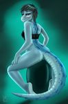  2015 anthro black_hair blue_scales bottomless breasts brown_eyes cave clothed clothing cool_colors crocodile digital_media_(artwork) erect_nipples female hair half-closed_eyes half-dressed hi_res little-munster looking_at_viewer looking_back nipples pussy reptile restricted_palette scales scalie scampi simple_background sitting skimpy smile solo spikes teeth watermark 