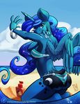  2015 anthro anthrofied beach bikini blue_eyes blue_hair bracelet butt clothing cloud cutie_mark equine feathered_wings feathers female friendship_is_magic hair horn jewelry kneeling long_hair looking_at_viewer mammal my_little_pony outside patreon princess_luna_(mlp) seaside smile solo swimsuit winged_unicorn wings zwitterkitsune 
