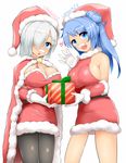  alternate_costume black_legwear blue_eyes blue_hair blush breasts cape christmas cleavage facial_hair fake_facial_hair fake_mustache gift gloves hair_ornament hair_over_one_eye hairclip hamakaze_(kantai_collection) hat kantai_collection large_breasts long_hair looking_at_viewer mizuyan multiple_girls mustache open_mouth pantyhose santa_costume santa_hat short_hair silver_hair smile urakaze_(kantai_collection) white_gloves 