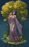  armlet bare_legs barefoot blue_hair bracelet dress feet flower highres jewelry laurel_crown lemonh long_hair long_sleeves nature original roman_clothes solo toes traditional_clothes traditional_dress tree 