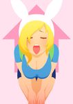  adventure_time animal_hood backpack bad_id bad_tumblr_id bag bent_over blonde_hair blush breasts cleavage closed_eyes downblouse fionna_the_human_girl genderswap genderswap_(mtf) hair_over_one_eye hands_on_own_knees hood large_breasts long_hair lowres mike_inel open_mouth oral_invitation short_shorts shorts solo tongue tongue_out 