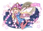  :d american_flag_dress american_flag_legwear blonde_hair clownpiece danmaku fairy_wings hat highres jester_cap long_hair moon open_mouth outstretched_arms pantyhose pink_eyes round_teeth smile solo teeth torch touhou very_long_hair wings yutamaro 