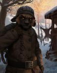  2015 anthro bear_trap belt brown_fur brown_sclera chain clothing coat forest front_view fur hax_(artist) hunter male mammal mustelid outside snow solo standing tree winter wolverine 