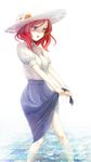  bangs blouse blue_skirt collar from_side hat lavender_eyes long_skirt love_live! love_live!_school_idol_project nishikino_maki ootamu parted_bangs puffy_sleeves red_hair see-through shirt shirt_tucked_in short_hair short_sleeves skirt solo standing sun_hat upper_body wading wet wet_clothes white_background white_shirt wringing_clothes wringing_skirt 