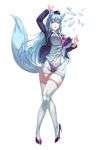  animal_ears aqua_hair breasts cleavage covered_nipples full_body high_heels huge_breasts long_hair looking_at_viewer newface purple_eyes solo tail thighhighs transparent_background 