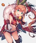  bad_id bad_pixiv_id bare_shoulders black_gloves black_legwear blush boots brown_hair cape christmas clarisse_(granblue_fantasy) commentary_request en@rain food fruit gloves granblue_fantasy green_eyes hair_ornament hair_ribbon hat highres long_hair looking_at_viewer navel open_mouth orange ponytail ribbon sack santa_costume santa_hat smile solo strapless thighhighs tubetop 