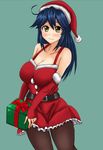  ahoge alternate_costume alternate_hair_color bare_shoulders belt blue_hair blush box breasts buttons cleavage commentary_request detached_sleeves gift gift_box hat holding holding_box holding_gift impossible_clothes kantai_collection large_breasts long_hair looking_at_viewer onisan_rokku pantyhose santa_costume santa_hat simple_background solo ushio_(kantai_collection) 