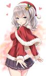  :p alternate_costume aran_sweater bell black_skirt blue_eyes blush capelet christmas commentary_request from_side fur_trim grey_hair hair_bell hair_ornament hat heart holly holly_hair_ornament kantai_collection kase_daiki kashima_(kantai_collection) long_sleeves looking_at_viewer petticoat pleated_skirt ribbed_sweater santa_hat short_hair skirt smile solo sweater tongue tongue_out twintails upper_body wavy_hair 