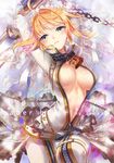  ahoge areola_slip areolae blonde_hair bodysuit breasts center_opening chain fate/extra fate/extra_ccc fate_(series) full-length_zipper green_eyes highres large_breasts lock navel nero_claudius_(bride)_(fate) nero_claudius_(fate)_(all) no_bra padlock solo veil white_bodysuit zenyu zipper 