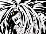  1boy alien black_sclera close-up cyclops fangs long_hair lord_boros male_focus monochrome one-eyed one-punch_man sharp_teeth solo spiked_hair spot_color teeth yellow_eyes 
