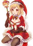  alternate_costume black_legwear blonde_hair breasts brown_gloves christmas cleavage djeeta_(granblue_fantasy) dress gloves granblue_fantasy hairband hat isao_(wasamoti) kneeling lace lace-trimmed_gloves medium_breasts open_mouth orange_eyes pom_pom_(clothes) red_dress santa_costume santa_hat short_dress short_hair simple_background smile solo thighhighs white_background 