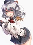  beret blue_eyes blush breasts epaulettes finger_to_mouth gloves hat highres kantai_collection kashima_(kantai_collection) keita_(tundereyuina) large_breasts long_hair looking_at_viewer military military_uniform sidelocks silver_hair skirt smile solo twintails twitter_username uniform wavy_hair white_gloves 