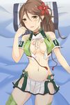  amagi_(kantai_collection) bare_shoulders bed bed_sheet breasts brown_eyes brown_hair crop_top esuto flower green_legwear groin hair_between_eyes hair_flower hair_ornament highres kantai_collection large_breasts long_hair looking_at_viewer midriff mole mole_under_eye navel open_clothes parted_lips ponytail remodel_(kantai_collection) short_sleeves solo thighhighs zettai_ryouiki 
