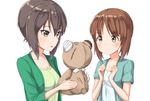  ame. black_hair boko_(girls_und_panzer) brown_eyes brown_hair girls_und_panzer multiple_girls nishizumi_maho nishizumi_miho short_hair siblings sisters stuffed_animal stuffed_toy teddy_bear 