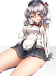  :3 beret blue_eyes blush breasts chin_rest epaulettes gloves hat kantai_collection kashima_(kantai_collection) keita_(tundereyuina) large_breasts long_hair looking_at_viewer military military_uniform open_mouth sidelocks silver_hair sitting skirt smile solo twintails uniform wavy_hair white_gloves 