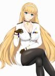  azur_lane blonde_hair blue_eyes breasts cleavage collarbone gloves hairband highres large_breasts long_hair looking_at_viewer military military_uniform north_carolina_(azur_lane) pantyhose shira_hon simple_background sitting smile solo uniform 