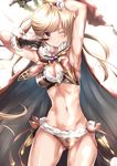  &gt;:) ;) alternate_costume aqua_eyes armpits bad_id bad_pixiv_id bangs black_gloves breasts brown_hair cape clarisse_(granblue_fantasy) cleavage_cutout fur_trim gloves granblue_fantasy light_brown_hair light_smile long_hair looking_at_viewer medium_breasts navel one_eye_closed ponytail smile solo stomach swept_bangs tai_(nazutai) v-shaped_eyebrows 