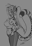  anthro big_breasts breasts butt cheetah chest_tuft clothed clothing feline female fur hair long_hair mammal midriff mihari monochrome nipple_bulge open_mouth ponytail side_boob side_view smile solo spots tuft 