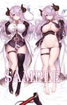  bare_shoulders bed_sheet black_gloves blue_eyes breasts cleavage clothes_lift dakimakura demon_horns draph elbow_gloves full_body gloves granblue_fantasy groin hair_ornament hair_over_one_eye horns kodama_yuu large_breasts lavender_hair leg_belt long_hair multiple_views narmaya_(granblue_fantasy) navel open_clothes parted_lips pointy_ears single_thighhigh skindentation thighhighs 
